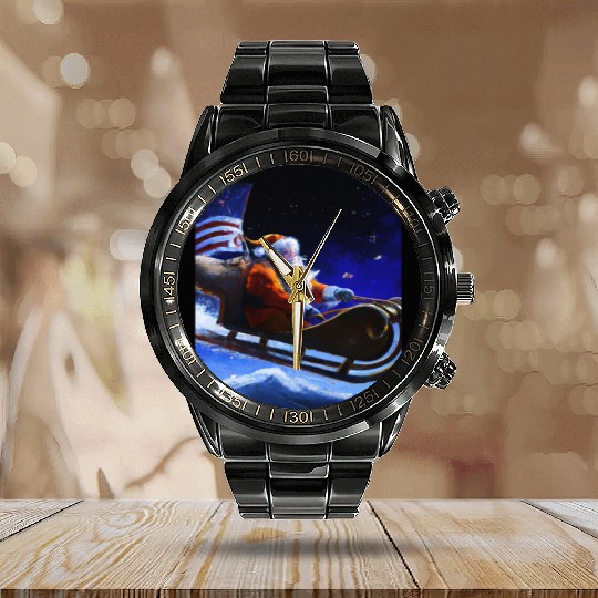 Patriotic Christmas Santa Claus With Sled And US Calendar Steel Band Watch
