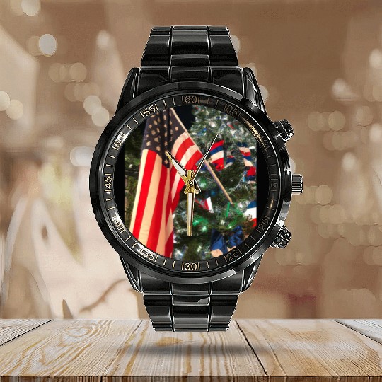 Patriotic Christmas US Flag In Christmas Tree Calendar Steel Band Watch