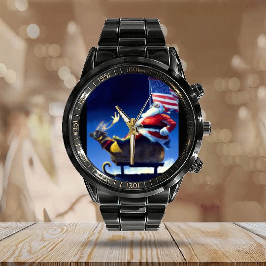 Patriotic Christmas Santa With US Flag Sled And Calendar Steel Band Watch