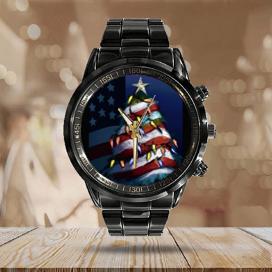 Patriotic Christmas US Christmas Tree With Calendar Steel Band Watch