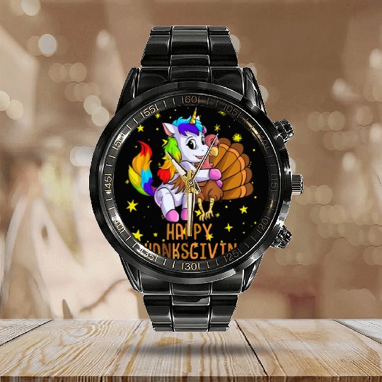 Rainbow Cute Unicorn and Turkey Happy Thanksgiving Calendar Steel Band Watch