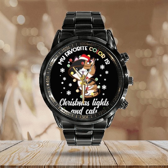 my favorite color is christmas lights and cats Calendar Steel Band Watch