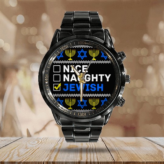 Nice Naughty Jewish Ugly Hanukkah Sweater Chanukah Calendar Steel Band Watch