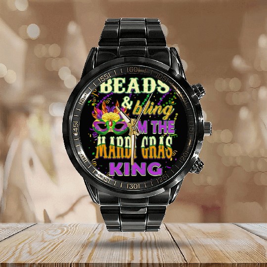 Beads and Bling I'm The Mardi Gras King Calendar Steel Band Watch