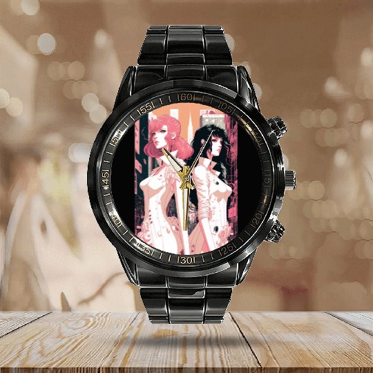 Pink and Black - Cyberpunk Illustrated Portrait Calendar Steel Band Watch