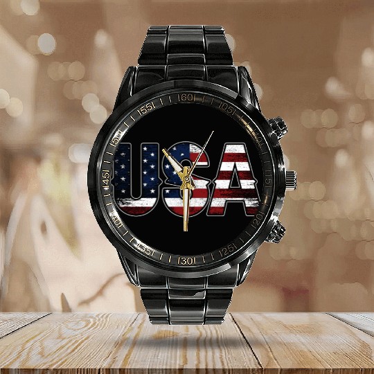 Usa America US American Patriotic Calendar Steel Band Watch