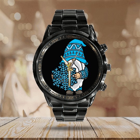 Blue Christmas Gnome Snowflake Winter Xmas Santa Calendar Steel Band Watch