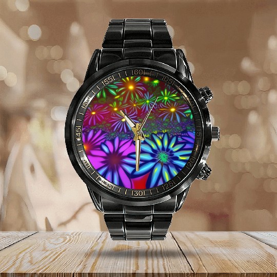 Psychedelic flowers Calendar Steel Band Watch