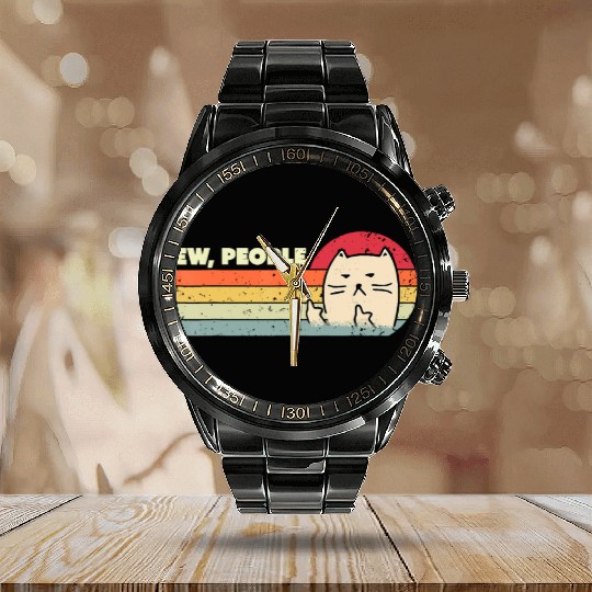Retro Style Ew, People Calendar Steel Band Watch Funny Cat