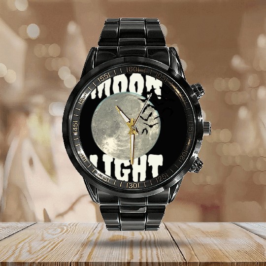 Dark Green Illustrated Moon Light Bat Calendar Steel Band Watch