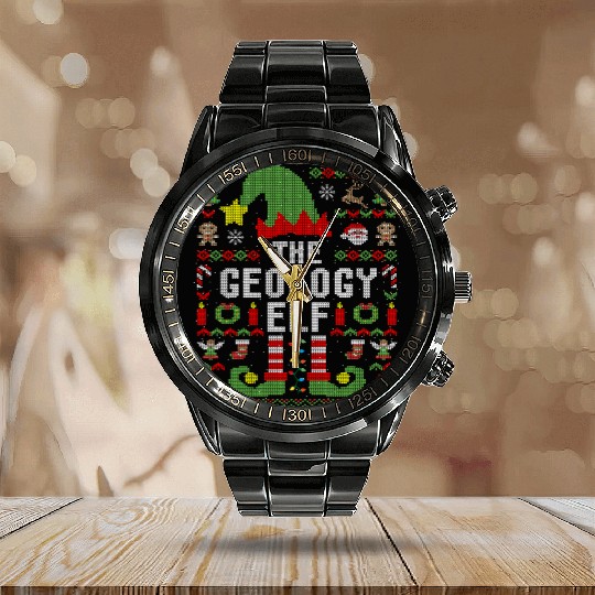 Funny The Geology Elf Ugly Christmas Calendar Steel Band Watch