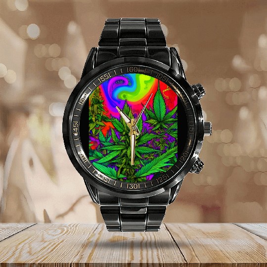 Psychedelic cannabis land Calendar Steel Band Watch