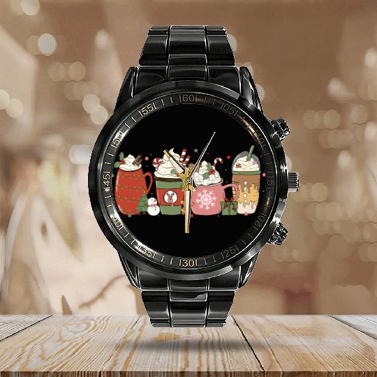 Hot Chocolate Cup Peppermint Mocha Calendar Steel Band Watch