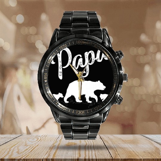 Papa Bear 2 Cub Bear Animal Lover Bear Fathers Day Calendar Steel Band Watch