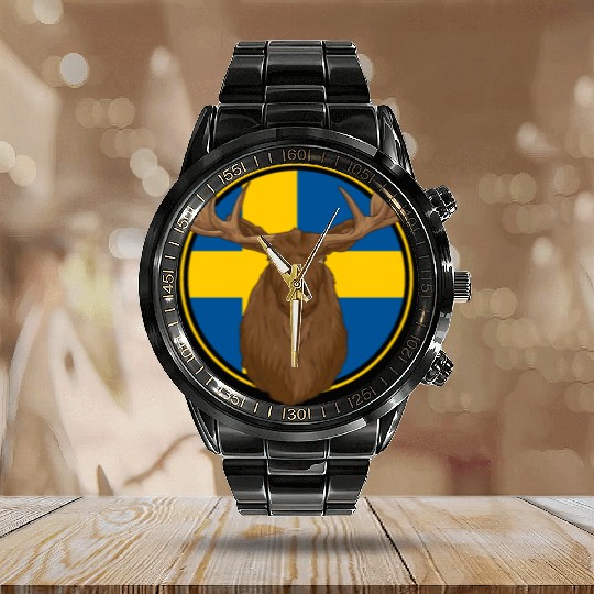 Sweden Flag Sverige Moose Calendar Steel Band Watch