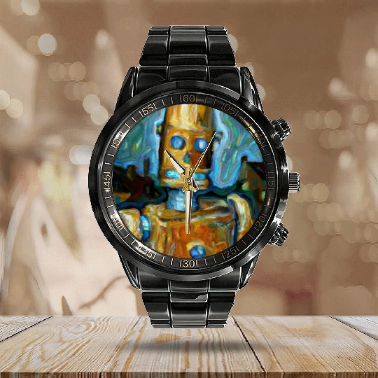 a van gogh painting of a cyberpunk robot Calendar Steel Band Watch