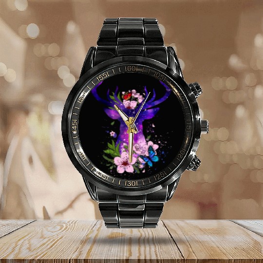 Floral Galaxy Deer Calendar Steel Band Watch