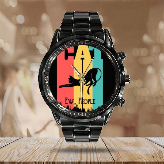 Vintage Ew People Cute Cat Lover Calendar Steel Band Watch