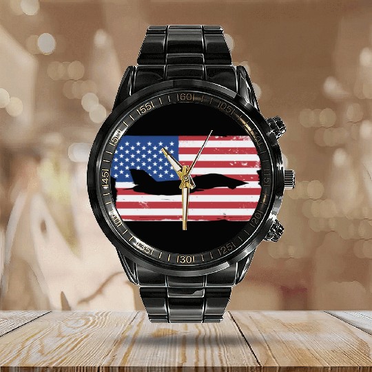 F-14 Tomcat Fighter Jet American Flag F14 Tomcat Calendar Steel Band Watch