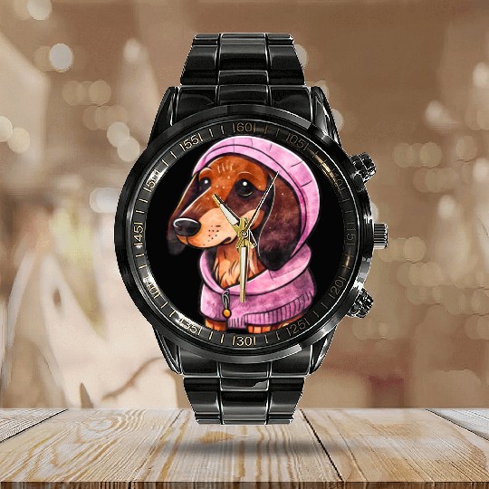 Watercolor Dachshund Wearing Pink Calendar Steel Band Watch