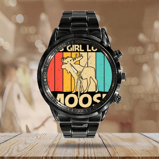 Cool Moose Design For Girls Kids Moose Deer Bull Calendar Steel Band Watch