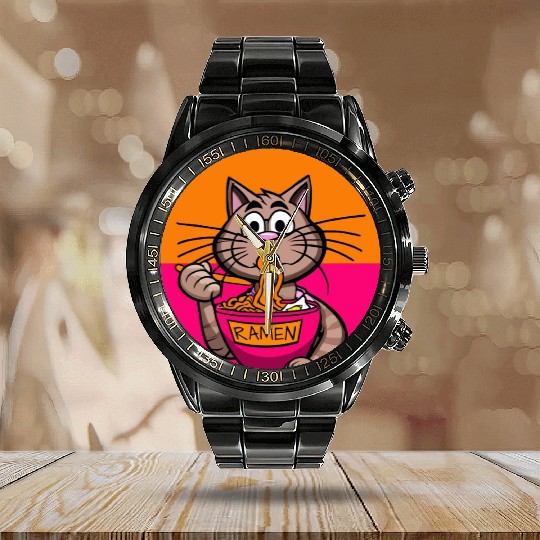 Colorful Ramen Cat Orange and Pink Calendar Steel Band Watch