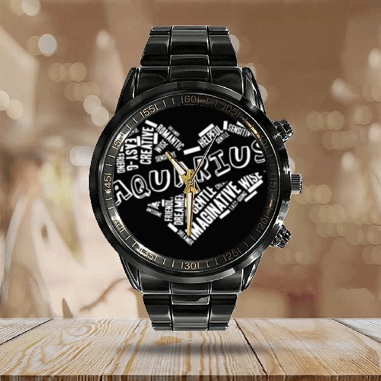 Aquarius Heart Word Cloud Doodle Astrology Zodiac Calendar Steel Band Watch