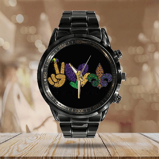 PEACE LOVE MARDI GRAS Calendar Steel Band Watch