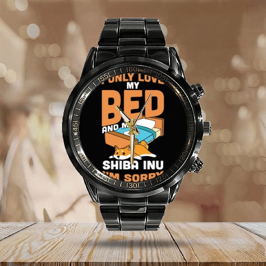 I Only Love My Bed And My Shiba Inu Calendar Steel Band Watch