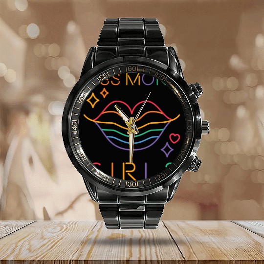 Kiss More Girls LGBT Cute Lesbian Lips Pride Month Calendar Steel Band Watch