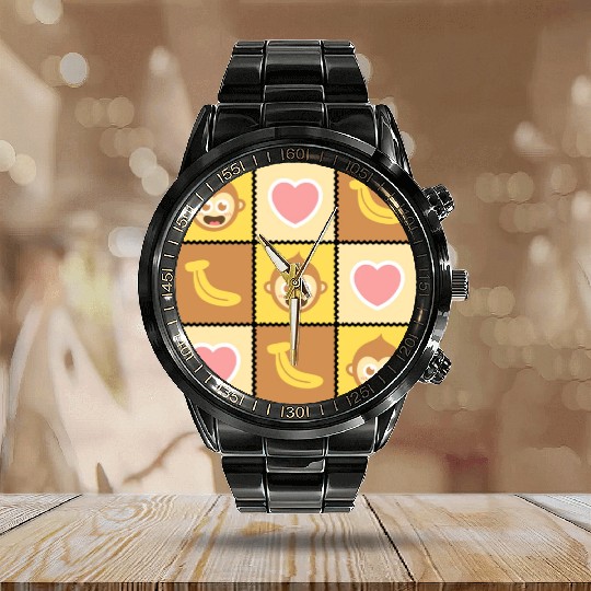 Cute Monkey and Banana Pattern Calendar Steel Band Watch