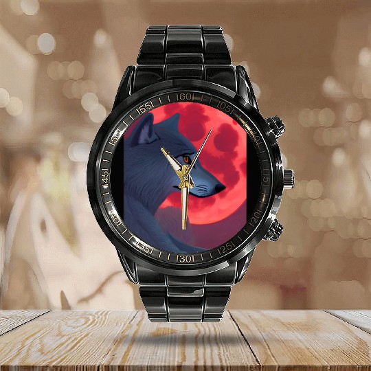 A Grey Wolf Staring at a Blood Moon Calendar Steel Band Watch