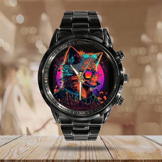 Retro Futuristic Synthwave Fox Calendar Steel Band Watch