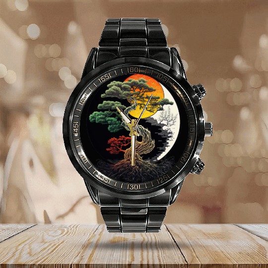 Yin and Yang Bonsai Tree Calendar Steel Band Watch