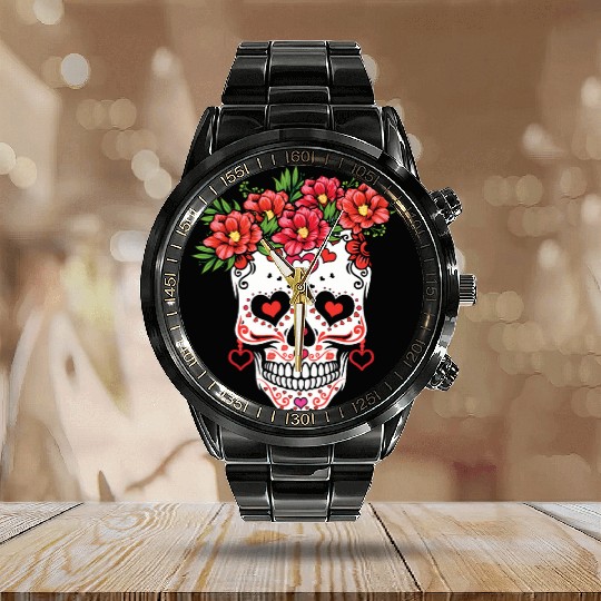 Valentines Sugar Bone Muertos Day Halloween Calendar Steel Band Watch