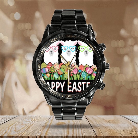 Happy Easter Eggs Easter Llama Alpaca Bunny Calendar Steel Band Watch