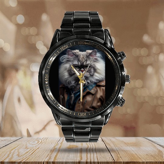 Persian Cat Breed Portrait wears a leather jacket Calendar Steel Band Watch