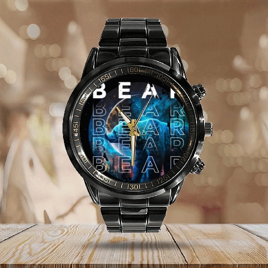 Midnight Roar: A Bear's Lunar Adventure Calendar Steel Band Watch