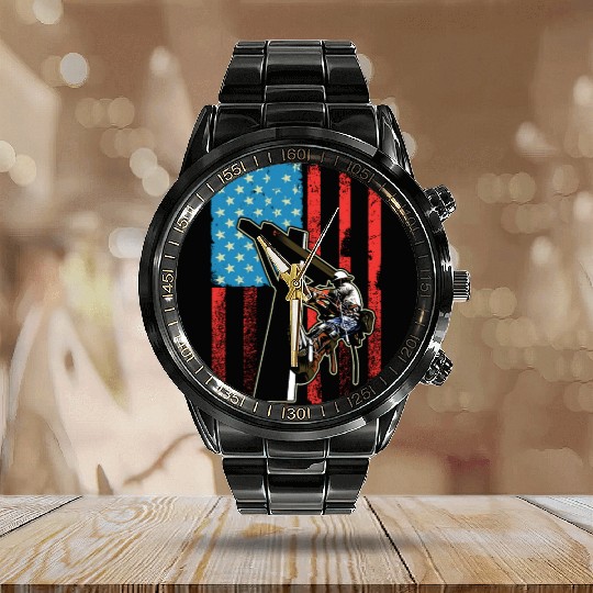 US Flag Lineworker Patriotic Lineman Calendar Steel Band Watch