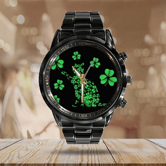 Irish Cat Lover Ireland Clover Shamrock Calendar Steel Band Watch