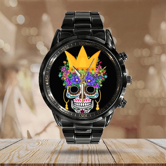 El Dia De Los Muertos Mardi Gras Costume Flower Calendar Steel Band Watch