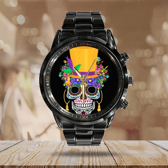 Mardi Gras Costume El Dia De Los Muertos Flower Calendar Steel Band Watch