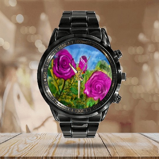 Hand Painted Roses Calendar Steel Band Watch Calendar Steel Band Watch Mugs Tote Bags