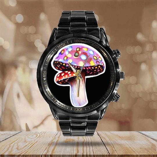 Trippy Psychedelic Rave Trip Mushrooms Goa Calendar Steel Band Watch