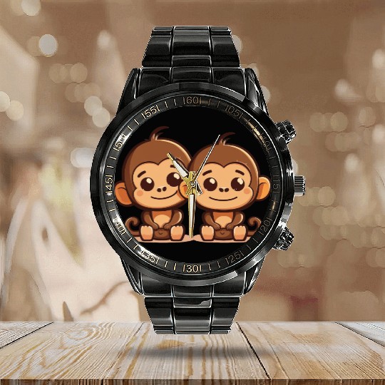 Monkeys siblings brother sister family love ape Calendar Steel Band Watch
