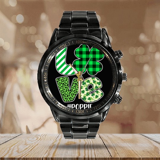 Love Poppie Green Plaid Leopard Shamrock Calendar Steel Band Watch
