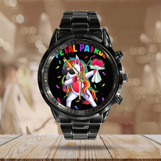 Petal Patrol Dabbing Unicorn Calendar Steel Band Watch Wedding Flower