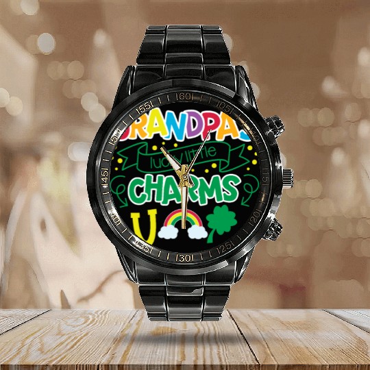 Grandpa's Lucky Little Charms Clover Shamrock Calendar Steel Band Watch