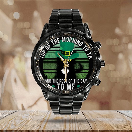Top Of The Morning Coffee Cup Cat St. Patrick's Calendar Steel Band Watch