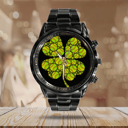 Baseball shamrock lucky charm baseball Calendar Steel Band Watch